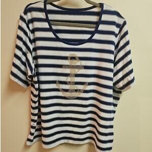 Navy White Nautical Striped Shirt Gold Beaded Anchor Size 3x 27" PTP